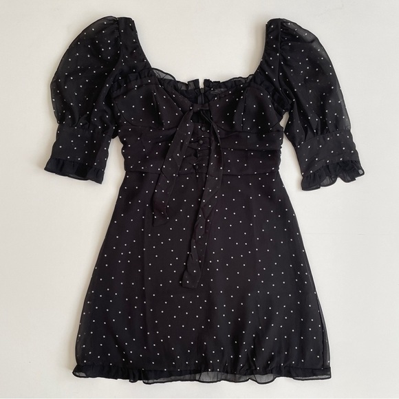 YesStyle Sinora Short-Sleeve Scoop Neck Dotted Mini Smock Dress - Picture 6 of 16